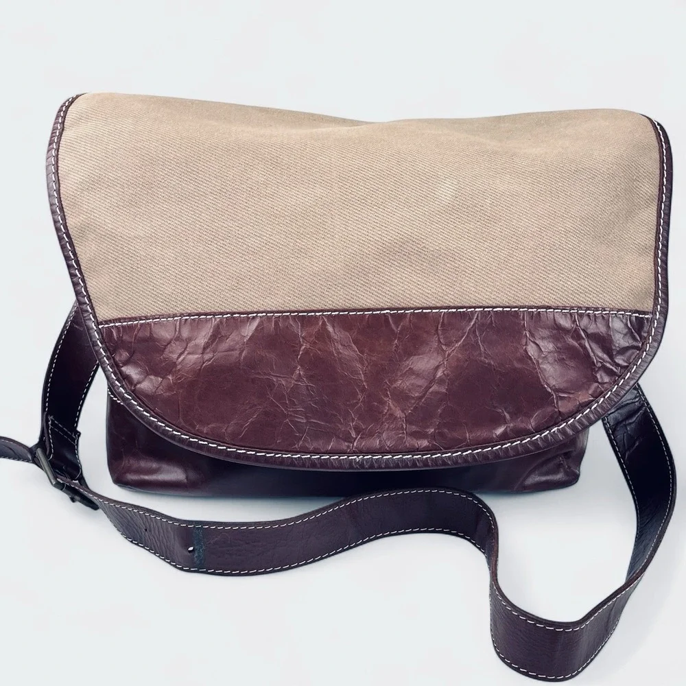Lanidor Portugal Brown Buffalo Leather Canvas Messenger Bag Satchel Crossbody‎